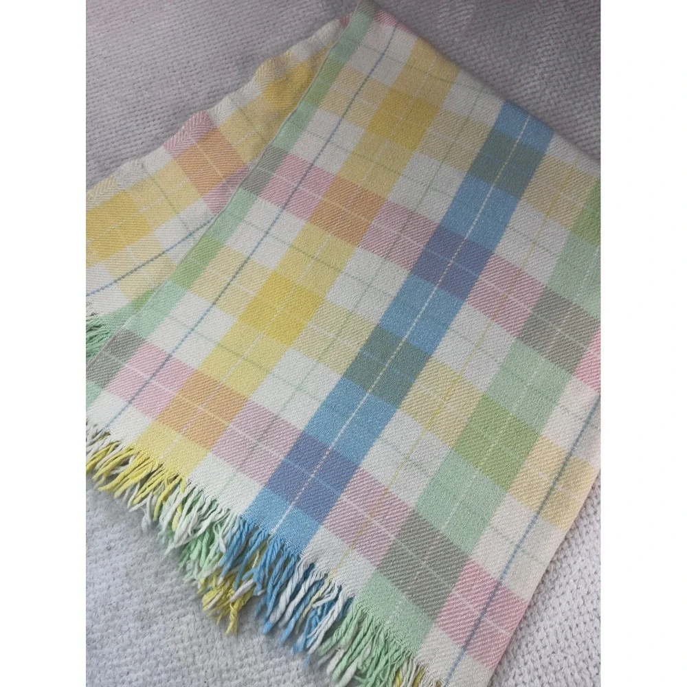 Vintage Tennessee Woolen Mills Pastel Plaid Fringed Wool Baby Throw Blanket